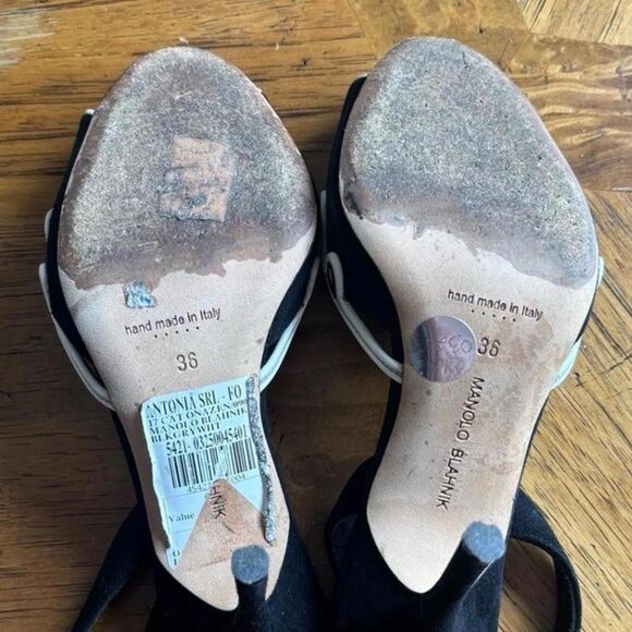 Manolo Blahnik Black White Slingback Heels Size 5.5 Suede Peep Toe Designer - Picture 4 of 7